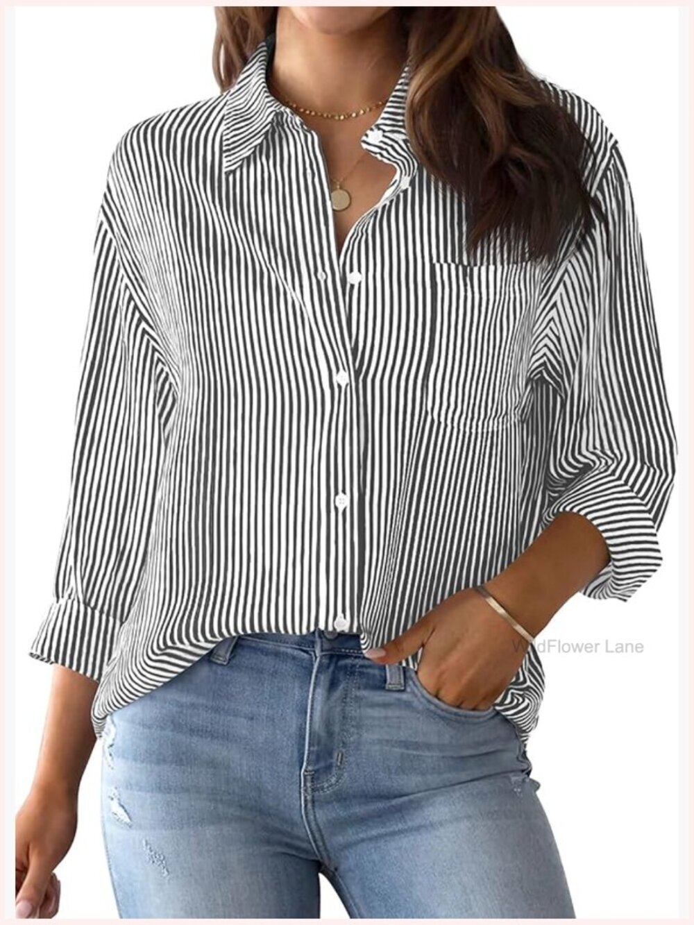 Women's Classic Striped Button Down Long Sleeve Blouse